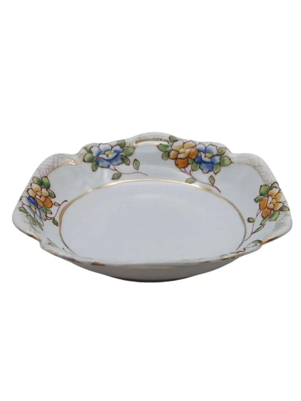 Serving Bowl Inset Handles Hand Painted Floral Porcelain Scalloped Japan Vintage